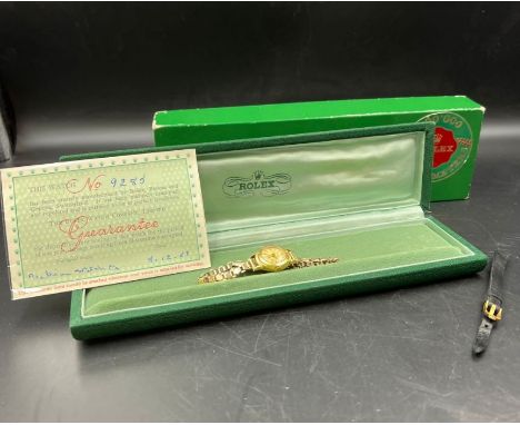 A Rolex Precision Vintage Ladies watch in 9ct gold on replacement metal bracelet with original box paperwork and strap (strap