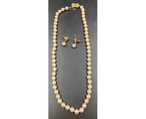 An pearl necklace with 18ct gold bow style fastener and a pair of 18ct gold pearl earrings