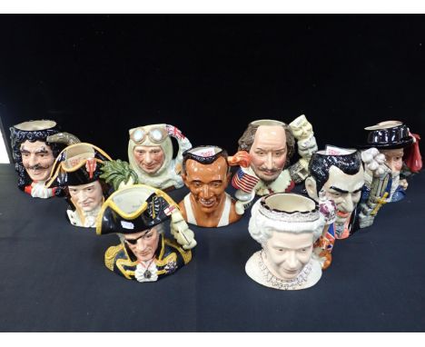 NINE ROYAL DOULTON CHARACTER JUGS'William Shakespeare', D7136, 'Count Dracula', D7053, 'Captain Hook', D6947, 'Vice-Admiral L