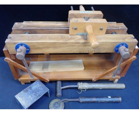 A BENCH TOP BOOKBINDING TUB AND LAYING PRESSapprox 45cm between steel screws, with Dryad plough, an old brass roller, and oth