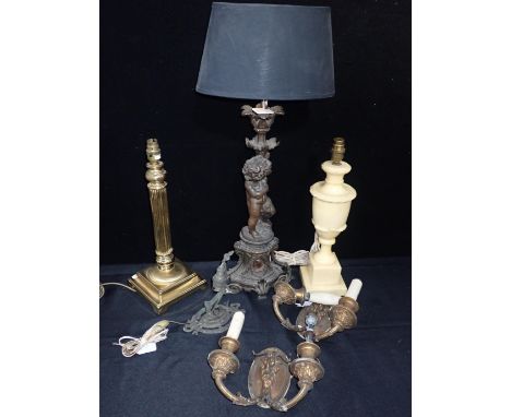 A  BRONZED SPELTER PUTTO TABLE LAMPin the French taste 49cm high plus fitting, a pair of Neoclassical wall lights (one a/f), 