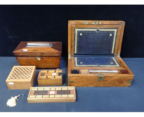 FIVE WOODEN BOXESincluding; a sarcophagus tea caddy, a Victorian writing slope , two cribbage boxes (one containing three nee