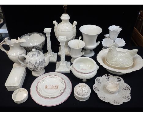A PAIR OF ROYAL WORCESTER 'CREAMWARE' BONE CHINA CANDLESTICKSof Adam style, a quantity of antique and reproduction creamware 