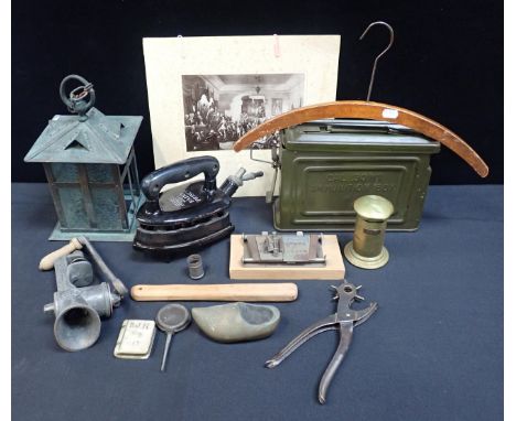 AN ARTS AND CRAFTS STYLE COPPER PORCH LANTERNa 'Fairy Prince' gas iron by Clark's Stove Co Ltd, an ammunition box, a film spl
