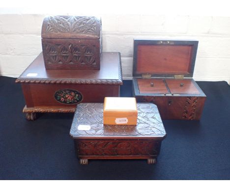 FIVE WOODEN BOXES, INCLUDING A MAUCHLINE WARE BOX'Brighton Aquarium (orchestra)', a parquetry tea caddy and others