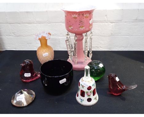 A BOHEMIAN WHITE CASED RUBY GLASS TABLE BELLdecorated with floral sprays and gilded, 14cm high, a 19th Century purple glass r