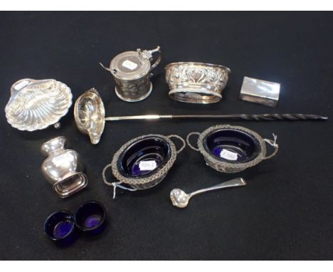 A VICTORIAN ENGRAVED SILVER MUSTARD, SHEFFIELD 1875a Victorian silver salt, spoon, an unmarked Queen Anne shilling toddy ladl