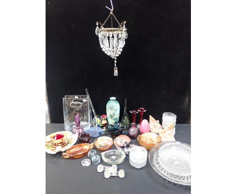 A COLLECTION OF CLEAR AND COLOURED GLASSincluding; six 1970's textured bowls, a vase shaped as a paper carrier bag with handl