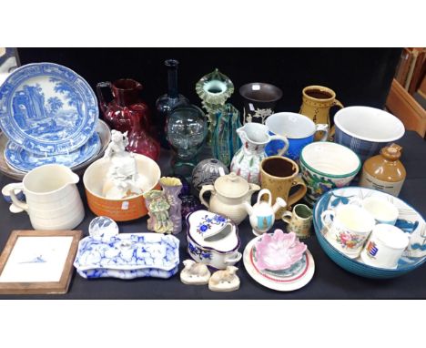 A COLLECTION OF GLASSWARE AND CERAMICSincluding a glass mid-century modern head, a framed Delft tile, and other items
