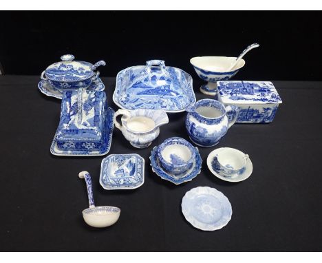 A LIDDED ITALIAN SPODE SQUARE SERVING DISHwith other blue and white ceramics including jugs, a cheese dish and others