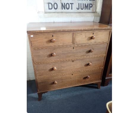 A 19th CENTURY MAHOGANY CHEST OF DRAWERSwith wooden knobs, on splayed bracket feet 107cm wide (some beading and veneer loss e