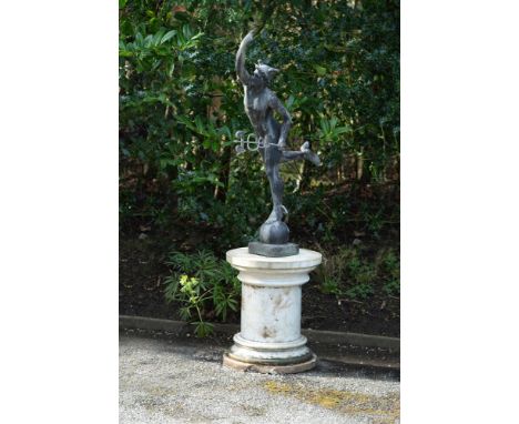 AFTER GIAMBOLOGNA, A LEAD FIGURE OF MERCURY  19TH CENTURY  Of characteristic form, set on a white marble pedestal base  177cm