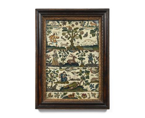 A CHARLES II EMBROIDERED PANEL  LATE 17TH CENTURY  With three bands of scenes; huntsman with hounds in pursuit of wild boar, 