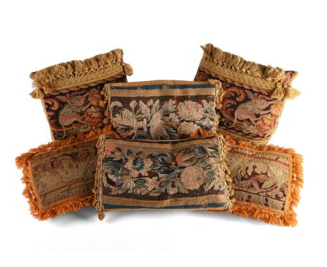 THREE PAIRS OF TAPESTRY CUSHIONS  20TH CENTURY INCORPORATING LATE 17TH OR EARLY 18TH CENTURY FRAGMENTS pair with sections of 