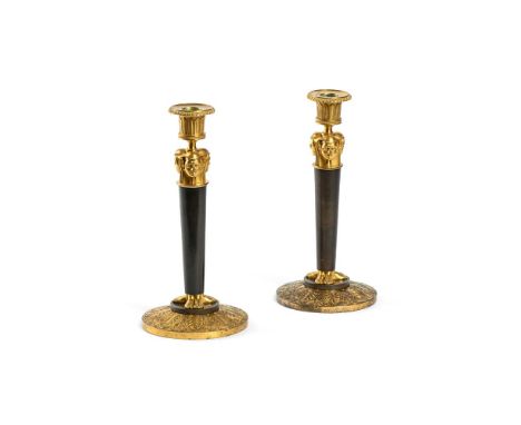 A PAIR OF FRENCH EMPIRE ORMOLU AND PATINATED BRONZE 'RETOUR D'EGYPTE' CANDLESTICKS  ATTRIBUTED TO CLAUDE GALLE (1759-1815), E