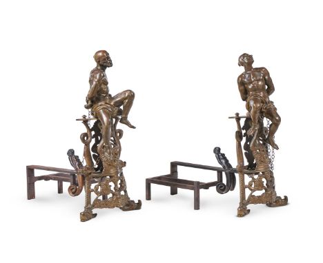 AFTER PIETRO TACCA (1577-1640), A PAIR OF BRONZE CHENETS AS THE CHAINED BARBARY PIRATES  19TH CENTURY Figures above elaborate