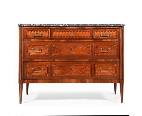 Y A LOUIS XVI WALNUT, ROSEWOOD AND PARQUETRY DECORATED COMMODE LATE 18TH CENTURY With a Saint Anne marble top 95.5cm high, 12