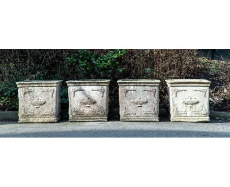 A SET OF FOUR STONE COMPOSITION BOX PLANTERS IN 19TH CENTURY STYLE, 20TH CENTURY  Of 'Versailles' type each 49cm high, 51cm w