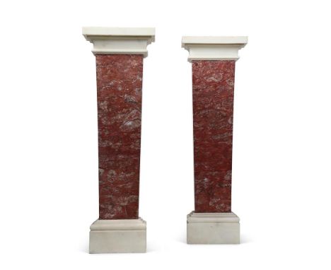 A PAIR OF RED AND WHITE MARBLE PEDESTALS  ITALIAN, 19TH CENTURY  Rectangular white marble tops on tapering supports, white ma