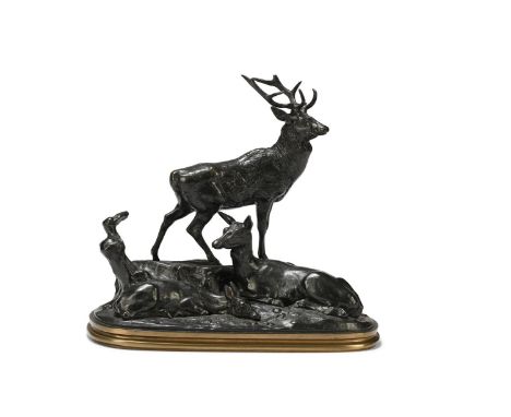 ANTOINE-LOUIS BARYE (FRENCH, 1795-1875), AN ANIMALIER BRONZE 'FAMILLE DE CERF' CAST BY BARBEDIENNE, LATE 19TH CENTURY With fa