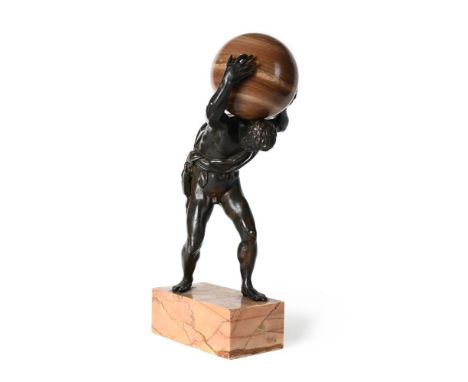 A BRONZE FIGURE OF ATLAS HOLDING A MARBLE SPHERE 19TH CENTURY  Later sphere, set on a marble base  47cm high, the base 11 x 2