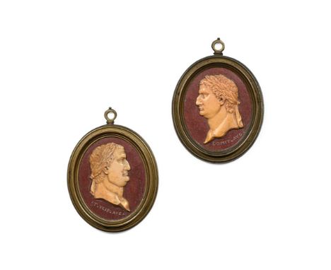 A PAIR OF GRAND TOUR SIENA MARBLE OVAL PORTRAIT RELIEFS OF THE ROMAN EMPERORS VESPASIAN AND DOMITUS  ITALIAN, LATE 18TH OR EA