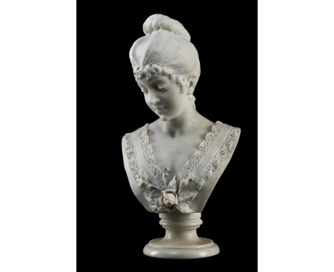 RAFAELLO BATTELLI (1856-1928) A WHITE MARBLE BUST OF YOUNG WOMAN  EARLY 20TH CENTURY  In fashionable dress, on turned socle b