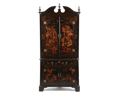 A GEORGE II BLACK LACQUER AND GILT CHINOISERIE STANDING CORNER CUPBOARD ATTRIBUTED TO JOHN BELCHIER, CIRCA 1735  234cm high, 