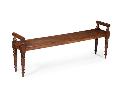 A REGENCY MAHOGANY HALL BENCH CIRCA 1820 57cm high, 152cm wide, 29.5cm deep  Condition Report:  Knocks, marks, scratches and 