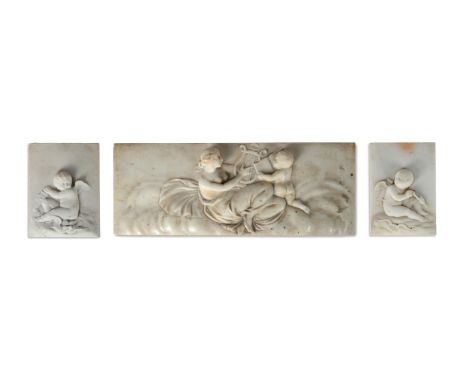 A SET OF THREE GEORGE III THREE MARBLE INSERTS FROM A FIRE SURROUND  CIRCA 1780-1800  Central tablet with reclining female fi
