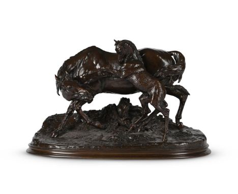 PIERRE-JULES MÊNE (1810-1879), AN EQUESTRIAN BRONZE 'JUMENT ARABE ET SON POULAIN'  MID 19TH CENTURY With mare turning her hea