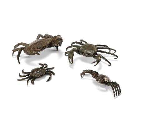 A GROUP OF FOUR ANIMALIER BRONZE CRABS  NORTHERN ITALY, 19TH CENTURY  Varying sizes: 16cm wide, 9cm high, 18cm wide, 5cm high