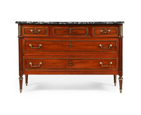 A LOUIS XVI MAHOGANY AND BRASS MOUNTED COMMODE LATE 18TH CENTURY  With a variegated grey marble top 85.5cm high, 128cm wide, 