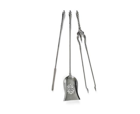 A SET OF THREE GEORGE III POLISHED STEEL FIRE TOOLS  CIRCA 1800  With facetted handles  the shovel 80cm long  