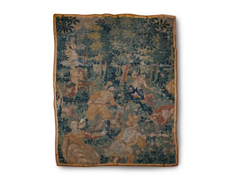 A FLEMISH GAME PARK TAPESTRY FRAGMENT  16TH CENTURY  With figures and animals in verdure game park setting  approximately 178