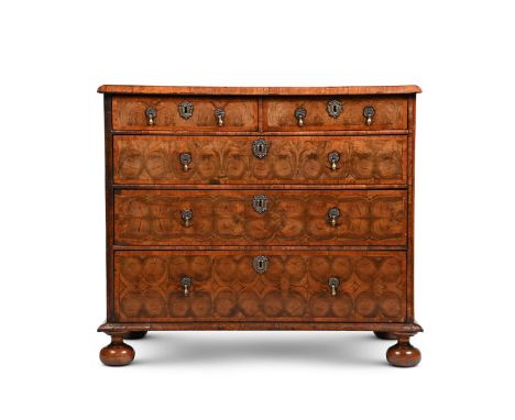 A FINE WILLIAM & MARY OLIVEWOOD OYSTER VENEERED AND FRUITWOOD CROSSBANDED CHEST OF DRAWERS CIRCA 1690 88cm high, 101cm wide, 