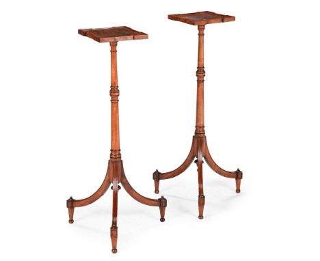 A PAIR OF GEORGE III MAHOGANY TRIPOD STANDS CIRCA 1800 92.5cm high, the tops 23 x 23cm, the bases 47cm wide   Condition Repor