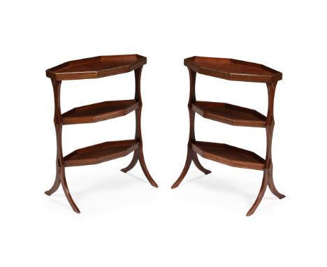A PAIR OF GEORGE III MAHOGANY AND BRASS INLAID ETAGERES  CIRCA 1780 The form also referred to as trocoteuses 69cm high, 55cm 