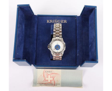 A Gentleman’s Krieger Tidal Chronometer wristwatch, 35mm, date aperture, steel bracelet, with box and certificate