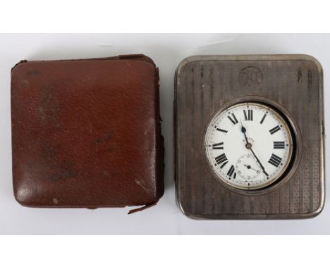 A George V, engine turned silver mounted travelling watch case, 1920, with nickel cased 8-day large pocket watch, case 11cmx1