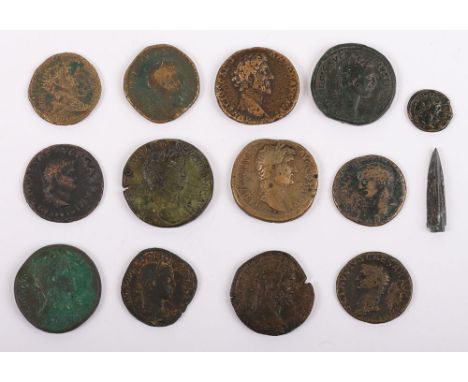 Various Roman Imperial Sestertius, including Marcus Aurelius, Nerva, Hadrian, Nero, Claudius, with a Roman arrow head, and on