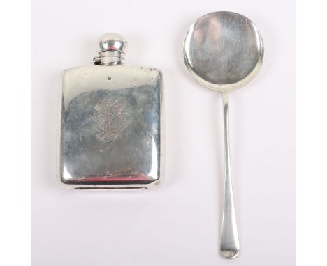 A late Victorian silver hip flask, Sheffield 1897, 14cm, 170g, with an unusual silver spoon, 21.5cm 85g, (2)