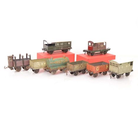 Non-Hornby 0 Gauge Freight Stock (8), comprising Bing 'Pratt's tank wagon, P-F, grey MR open wagon 1912, G, red-brown GN open