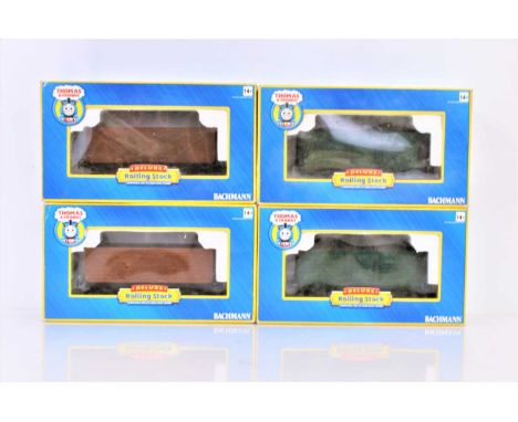 Bachmann G Gauge Thomas Wagons (4) two 8006 Cargo Cars  brown  both with slightly rusty axles, 98003 Coal Wagon with load, gr