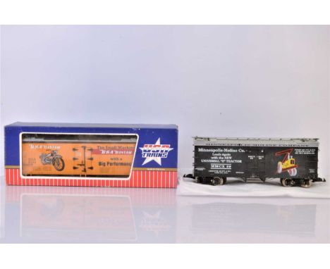 USA Trains G Gauge Mechanical Themed Boxcars (4) unboxed, yellow BSA Bantham reefer car no BSA2332 with knuckle coupler and p