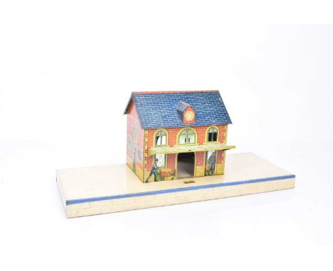 French Hornby 0 Gauge No 1 tinplate Station,  red brick building with blue tiled roof and light green 'glazed' canopy, G-VG