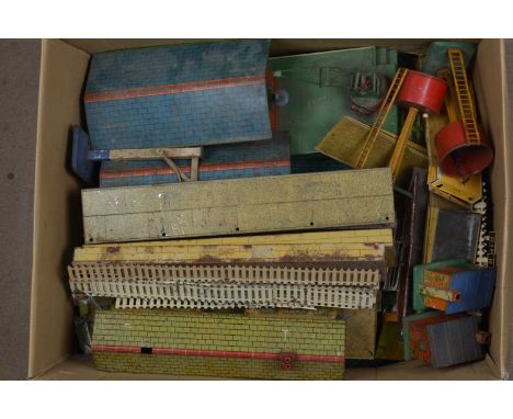 A Large collection of Hornby 0 Gauge Pre-war Scenic Accessories (qty), including No 1 and No 2 engine sheds, lighted Ripon st