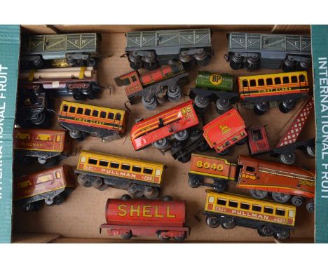 Wells/Brimtoy 0 Gauge clockwork Trains (qty), including pre-war brown/red 4-4-0 streamliner 'King George' No. 8040 and tender
