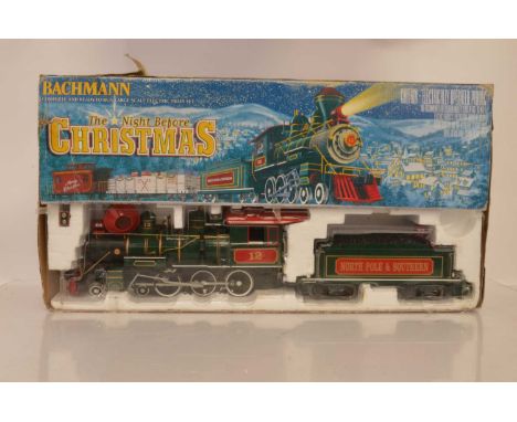 Bachmann G Gauge "The Night Before Christmas" Locomotive and Wagons 2-6-0 green steam locomotive and tender with smoke, light