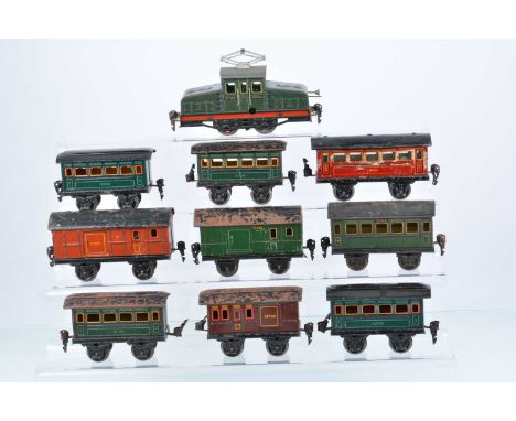 A Marklin 0 Gauge RV890 clockwork Steeple-cab Locomotive and Continental Market Passenger Stock (10), the locomotive in green